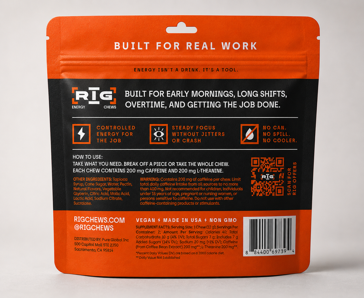 RIG Energy Chews Lemonade pouch containing 2 caffeine chews with 400mg caffeine and L-theanine for smooth, focused energy on the job.