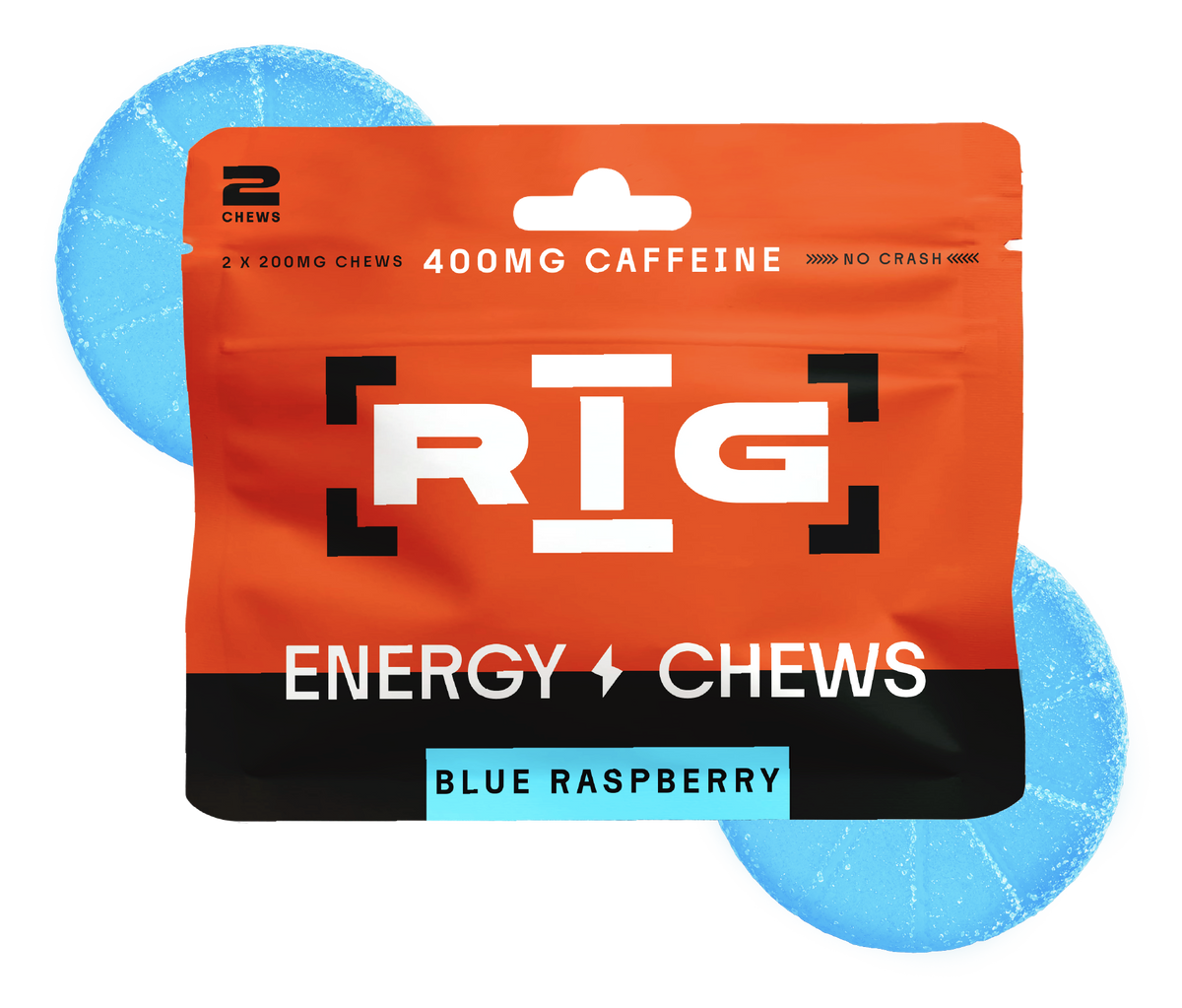 A package of RIG Energy Chews in Blue Raspberry flavor, featuring a bright orange and black pouch with a blue circular graphic behind it. 