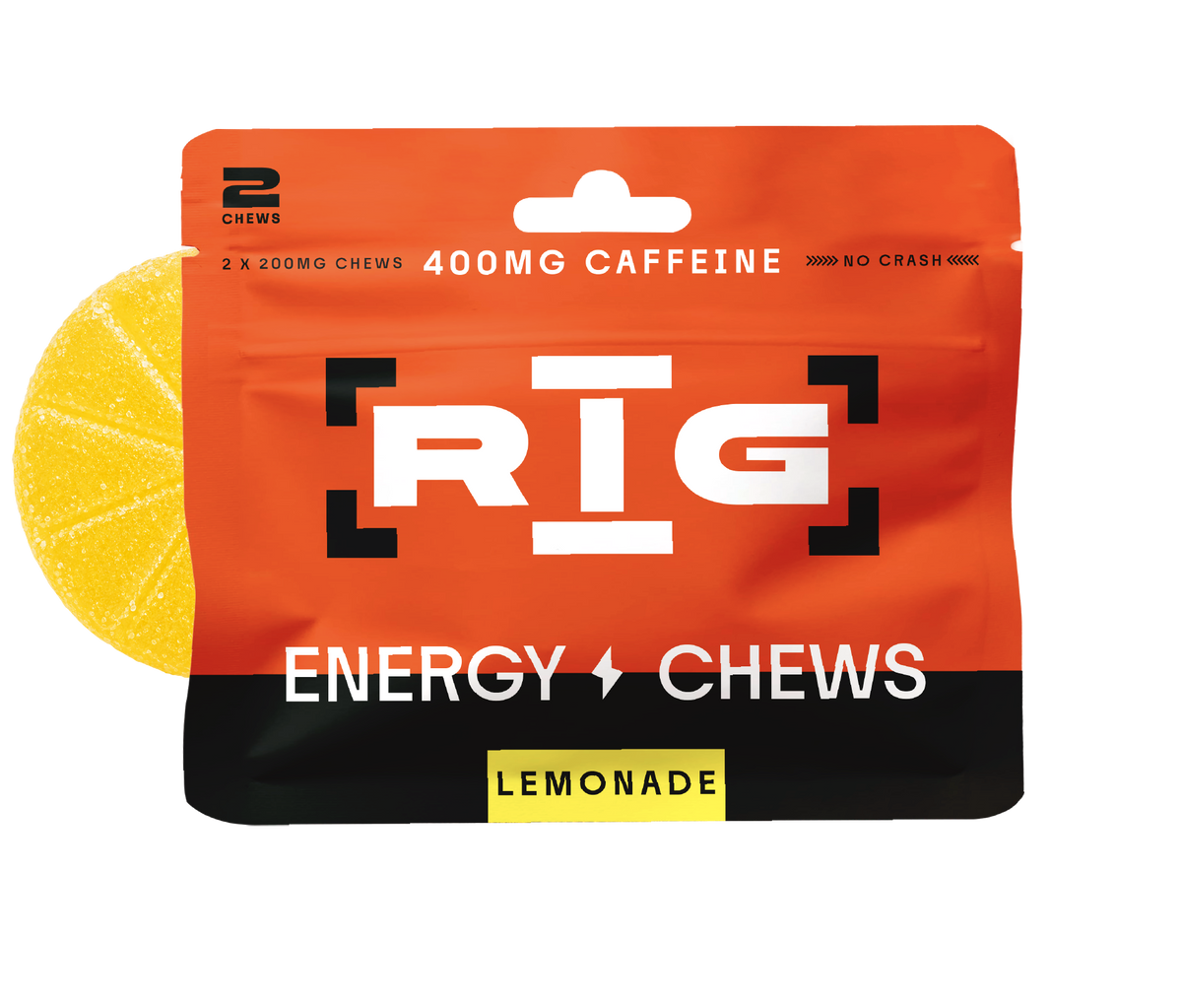 A package of Rig Energy Chews in Lemonade flavor, featuring a bright orange and black pouch with a yellow lemon graphic and a single lemon-shaped chew visible on the left side.