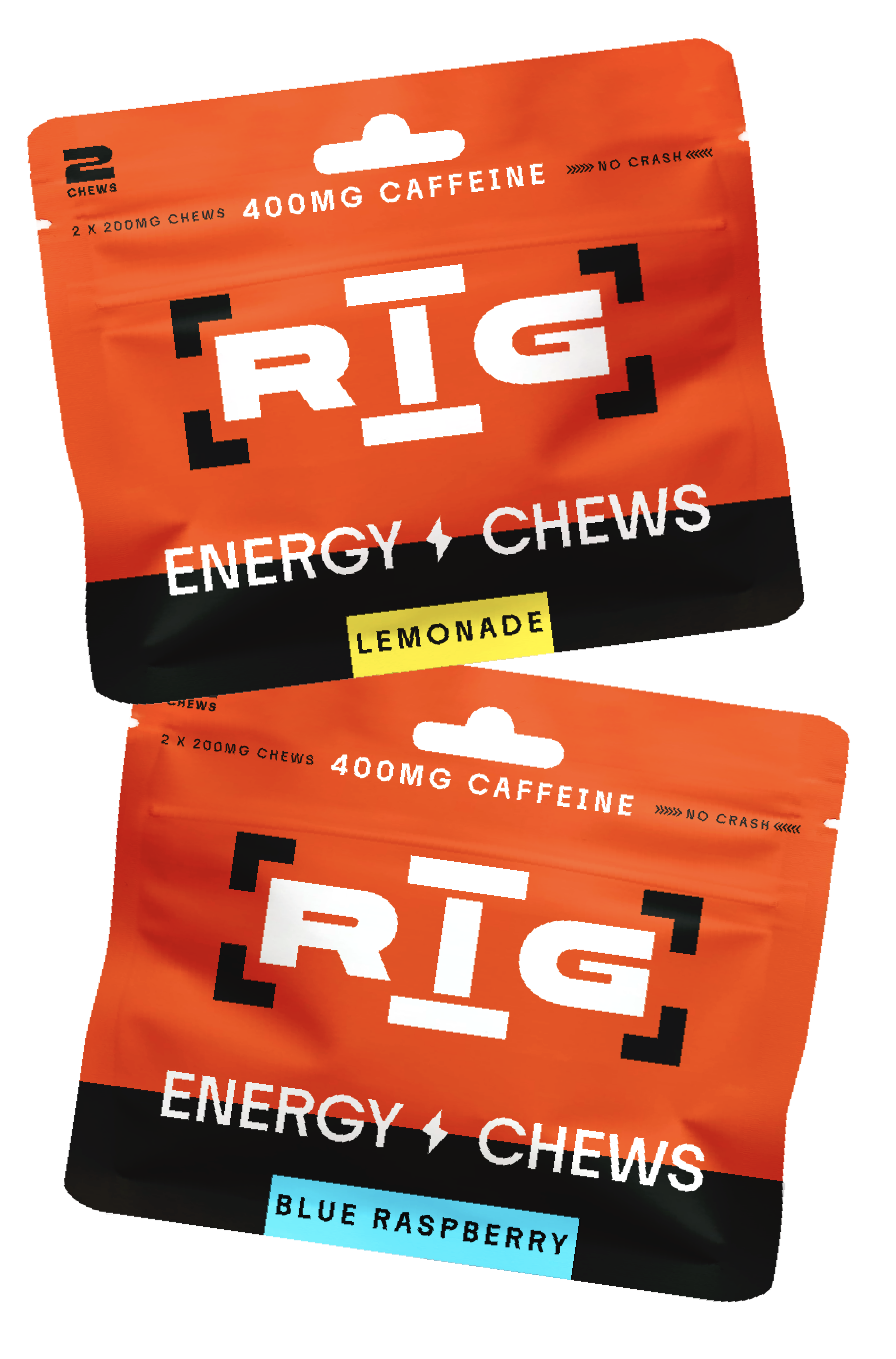 Two RIG Energy Chews pouches, one with lemonade flavor and one with blue raspberry flavor. Both packages are angled and feature large white RIG branding, 400mg caffeine text, and flavor labels.