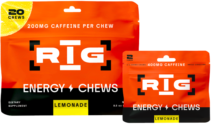 Two orange and black RIG Energy Chews packages in Lemonade flavor, one 2-count and one 20 count, on a white background.