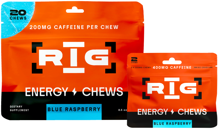 Two orange and black RIG Energy Chews packages in Blue Raspberry flavor, one 2-count and one 20 count, on a white background.
