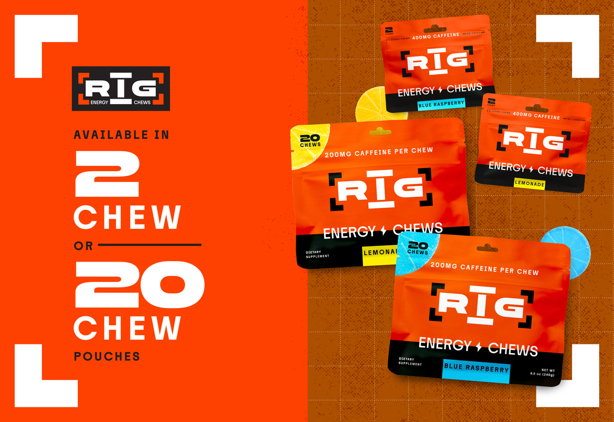 Promotional graphic for RIG Energy + Chews pouches, showing several orange and black resealable pouches on a brown grid background with a large orange text panel on the left stating 'Available in 2 Chew or 20 Chew Pouches.'.