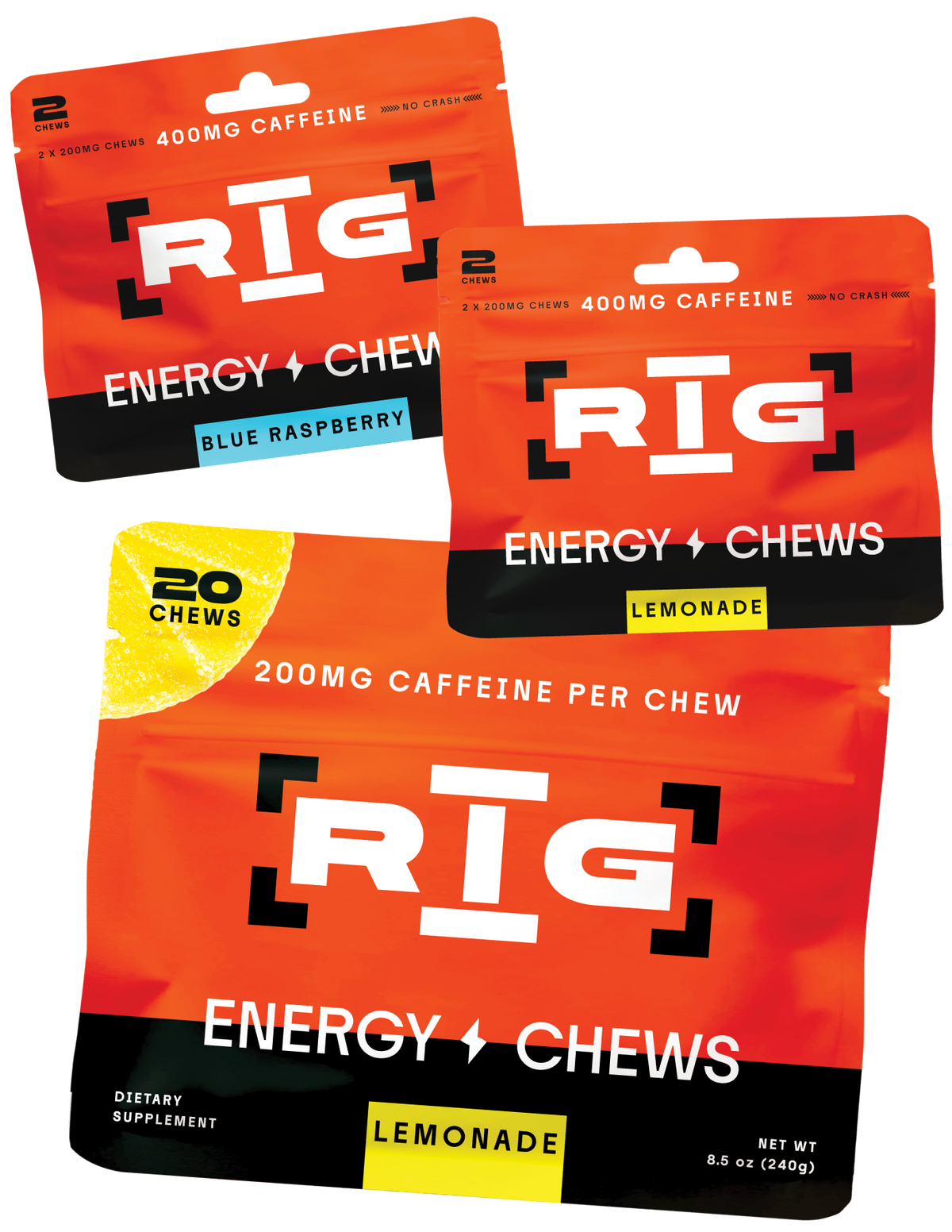Three RIG Energy Chews pouches in Blue Raspberry and Lemonade flavors. A larger 20 count pouch at the bottom. arranged on a clean white background.