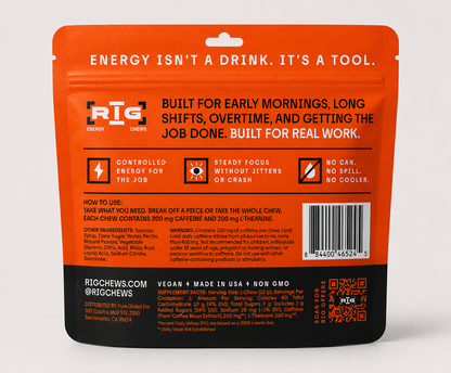 RIG Energy Chews Lemonade pouch containing 2 caffeine chews with 400mg caffeine and L-theanine for smooth, focused energy on the job.