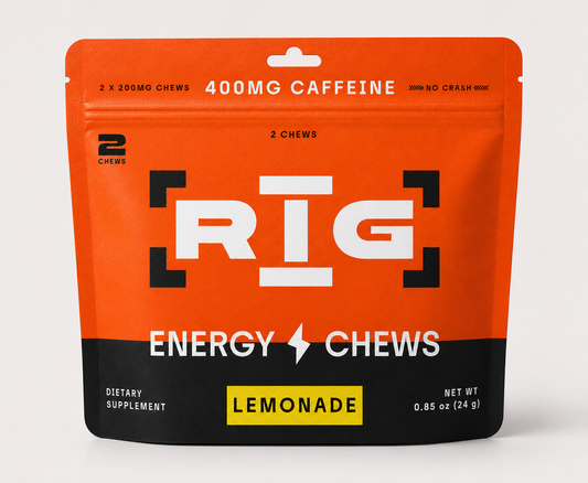 RIG Energy Chews Lemonade pouch containing 2 caffeine chews with 400mg caffeine and L-theanine for smooth, focused energy on the job.