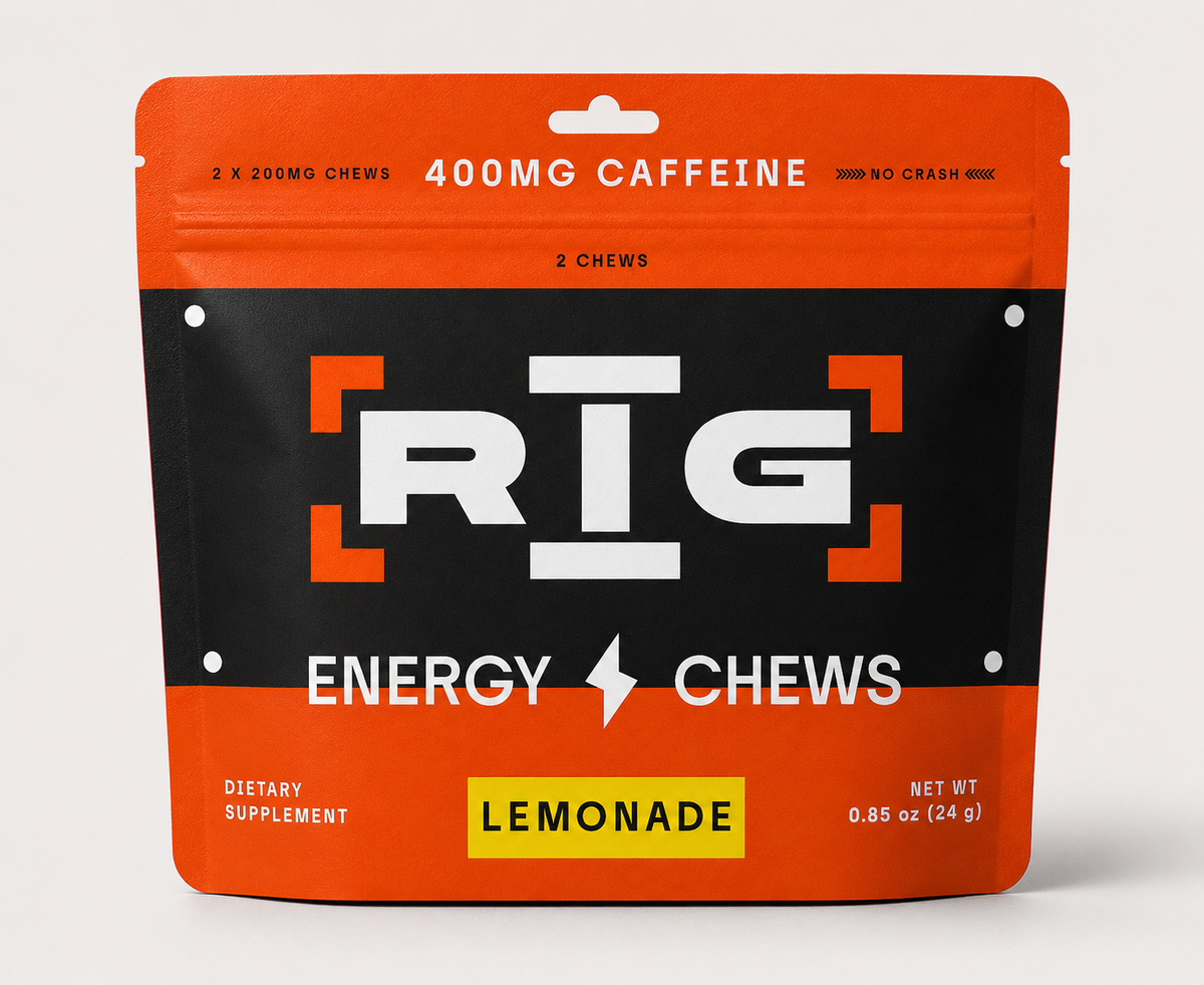 RIG Energy Chews Lemonade pouch containing 2 caffeine chews with 400mg caffeine and L-theanine for smooth, focused energy on the job.