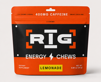 RIG Energy Chews Lemonade pouch containing 2 caffeine chews with 400mg caffeine and L-theanine for smooth, focused energy on the job.