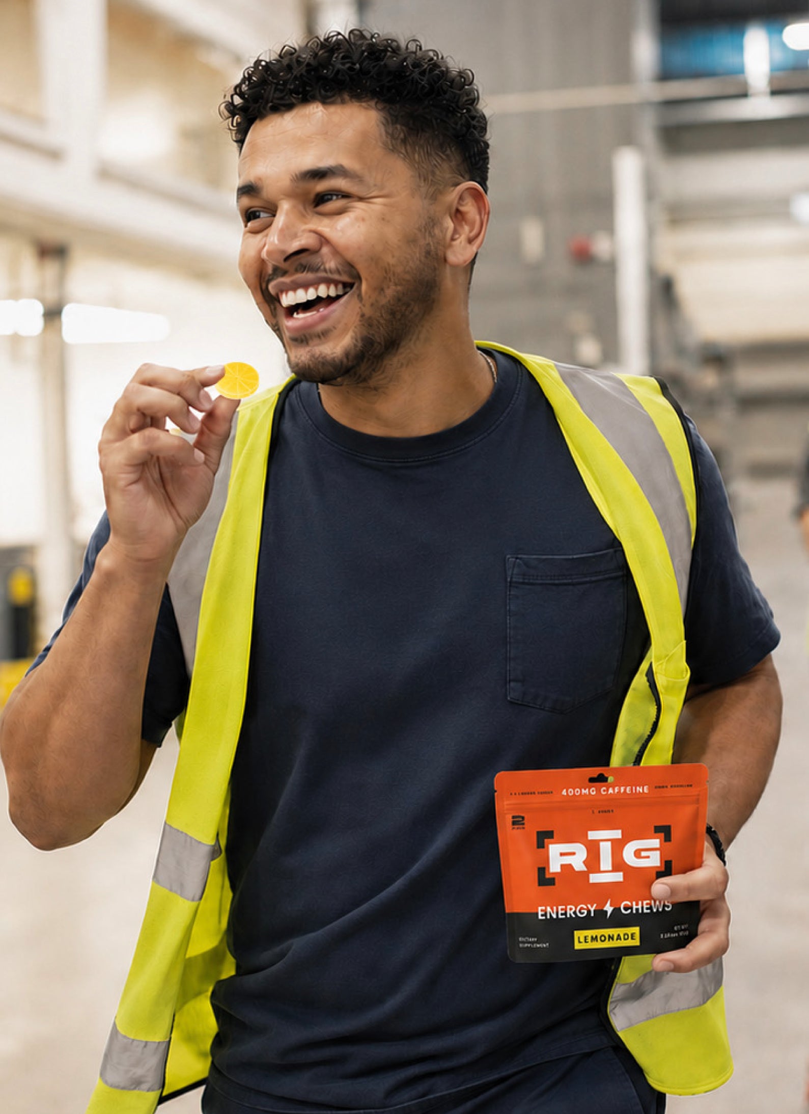 Worker holding RIG energy chews
